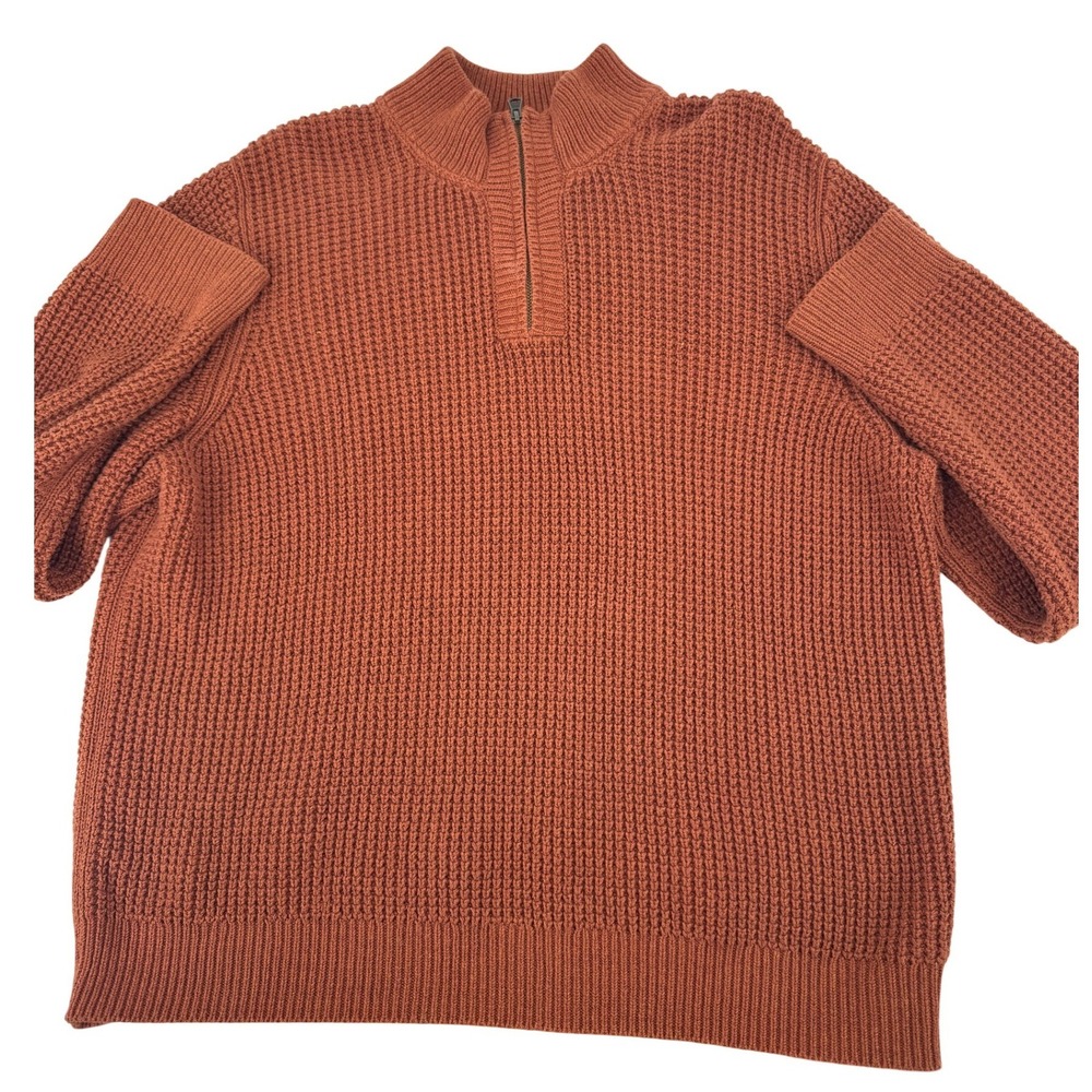 LLBean Waffle Knit Sweater 1/4 Zip Mock Neck L‎  Men Organic Cotton Rust Orange
